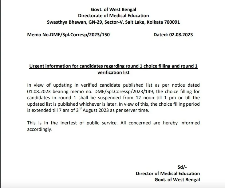 West Bengal NEET Counselling Notice regarding round 1 choice filling and round 1 verification list